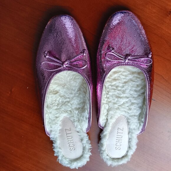 Pink Metallic Crinkle Cellophane Leather Ballet Mules - Picture 2 of 6